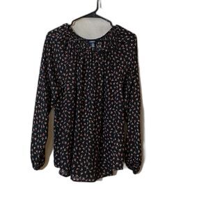 Chaps Women's Small Black Floral Peasant Blouse Long Sleeve Tie Neck Sheer Top